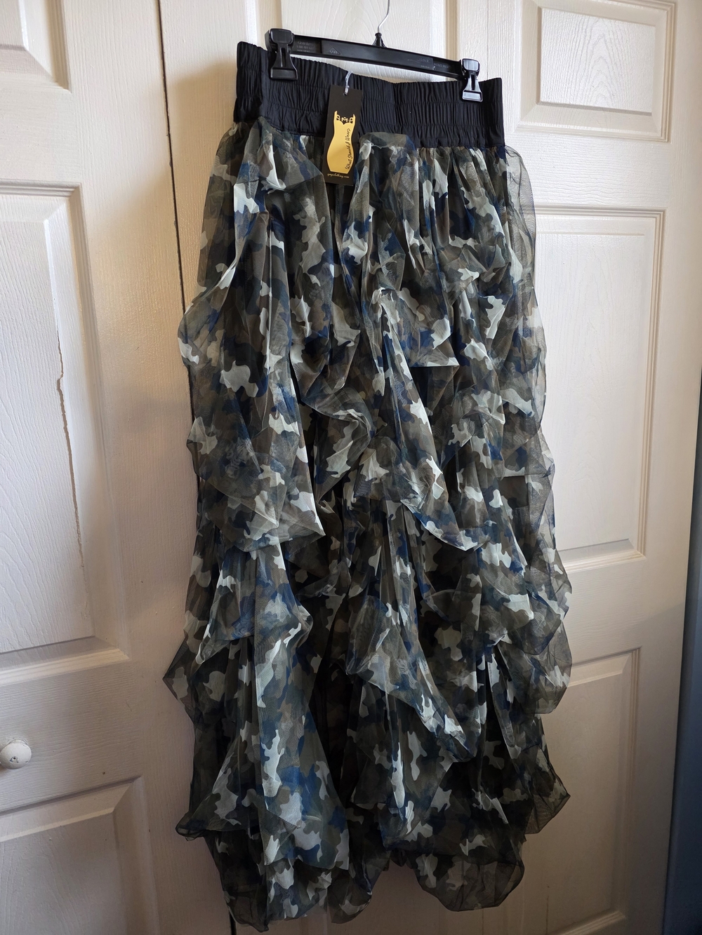 Ruffled Camouflage Maxi Skirt in Olive and Black